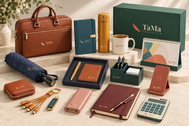 Kit corporativo em cores variadas com a marca TaMa: pasta conhaque, agenda azul-petróleo, garrafa mostarda, caneca creme, caixa verde-floresta, guarda-chuva marinho, power bank rosé, carregador terracota e caderno vinho.